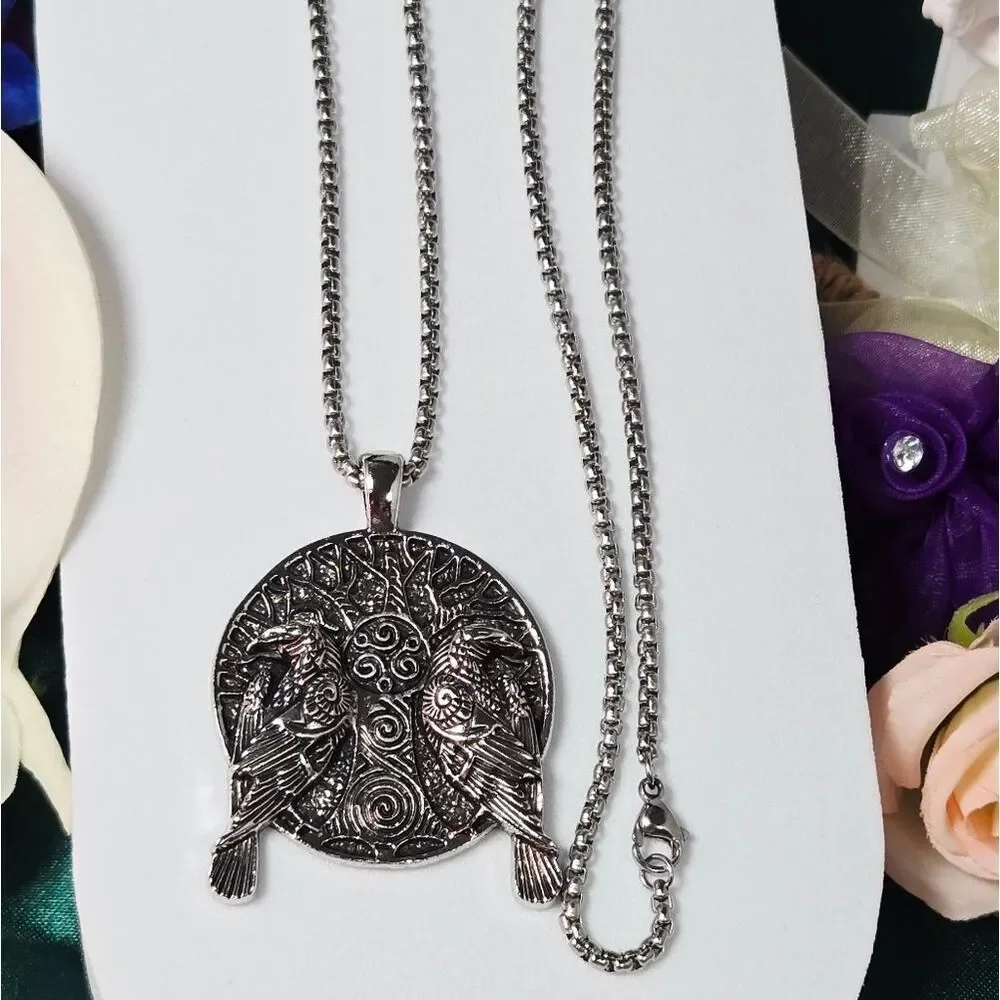 Tree of Life Raven Necklace Odin Huginn & Muninn Viking Crow Medieval Medallion